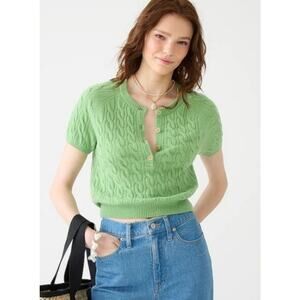 J.Crew Cashmere Cable-Knit Henley T-Shirt Sweater Green Minimalist Casual Sz M